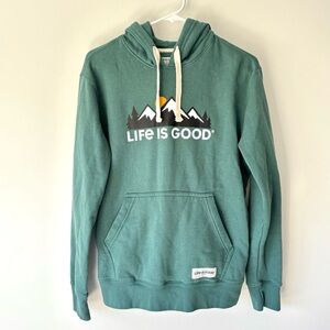 Life Is Good Teal Green Hoodie Sweatshirt Mountain Graphic Outdoor Loungewear